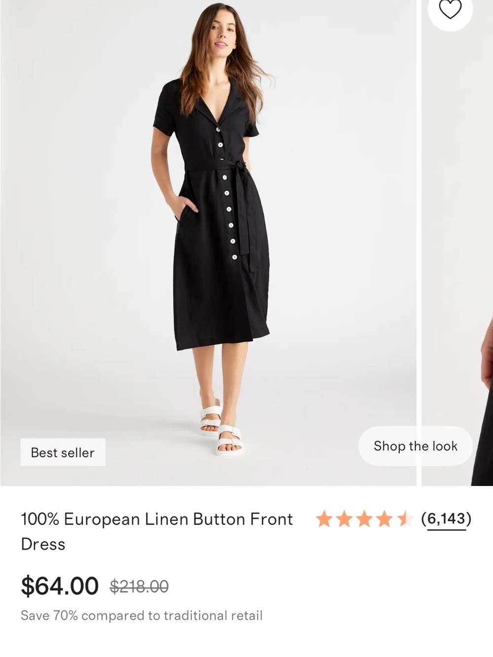 Quince Black Button-Front Linen Dress with Tie Waist